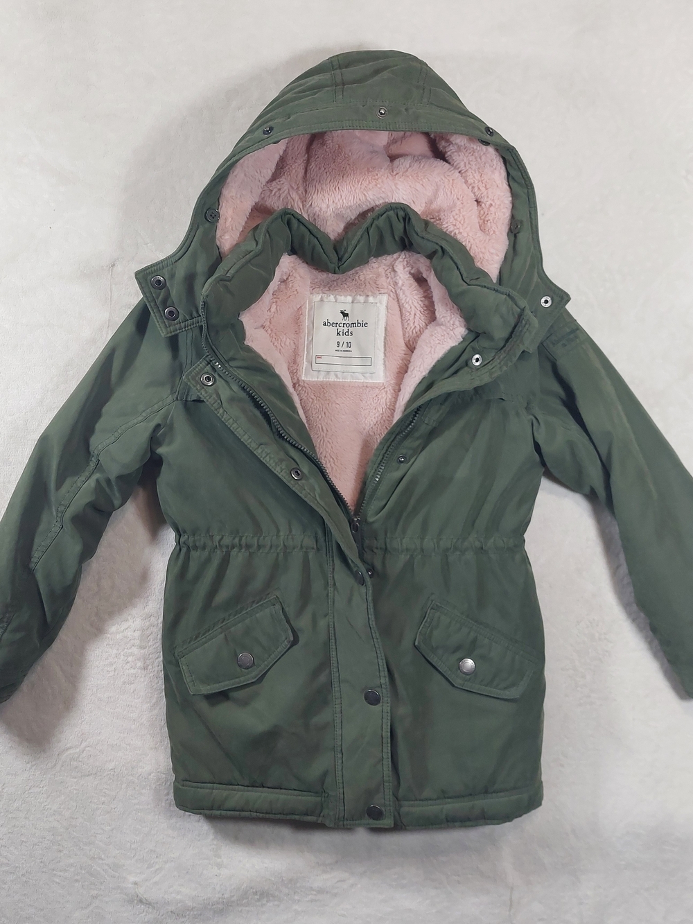 Abercrombie Kids Olive Green Parka with Pink Sherpa Lining - Kids